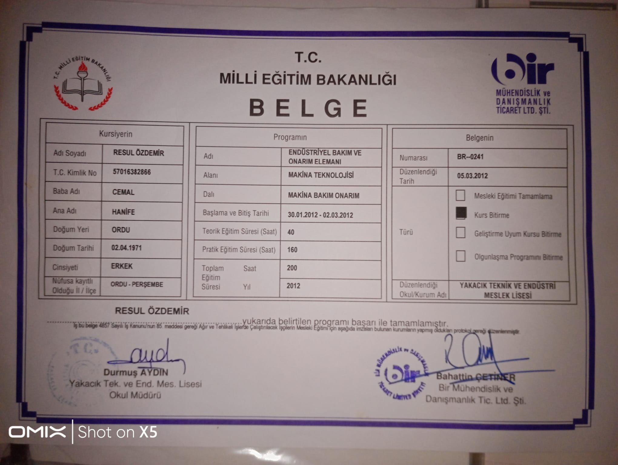 Makina Bakım Onarım Belgesi